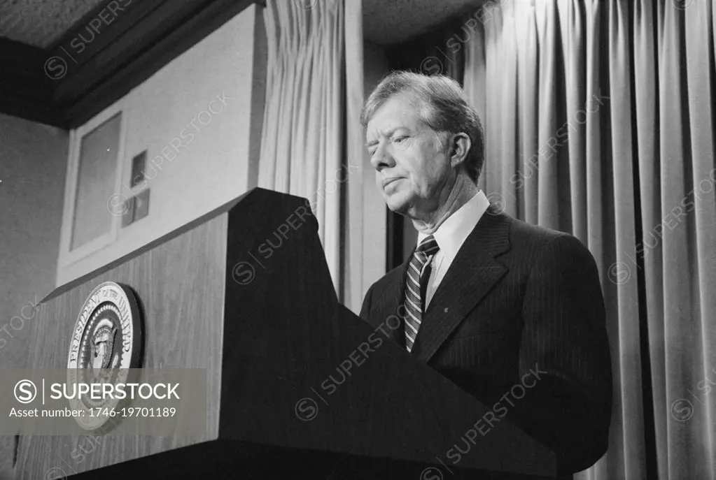 Photograph of President Jimmy Carter announcing new sanctions against Iran following the taking American hostages. Photographed by Marion S. Trikosko. Dated 1980