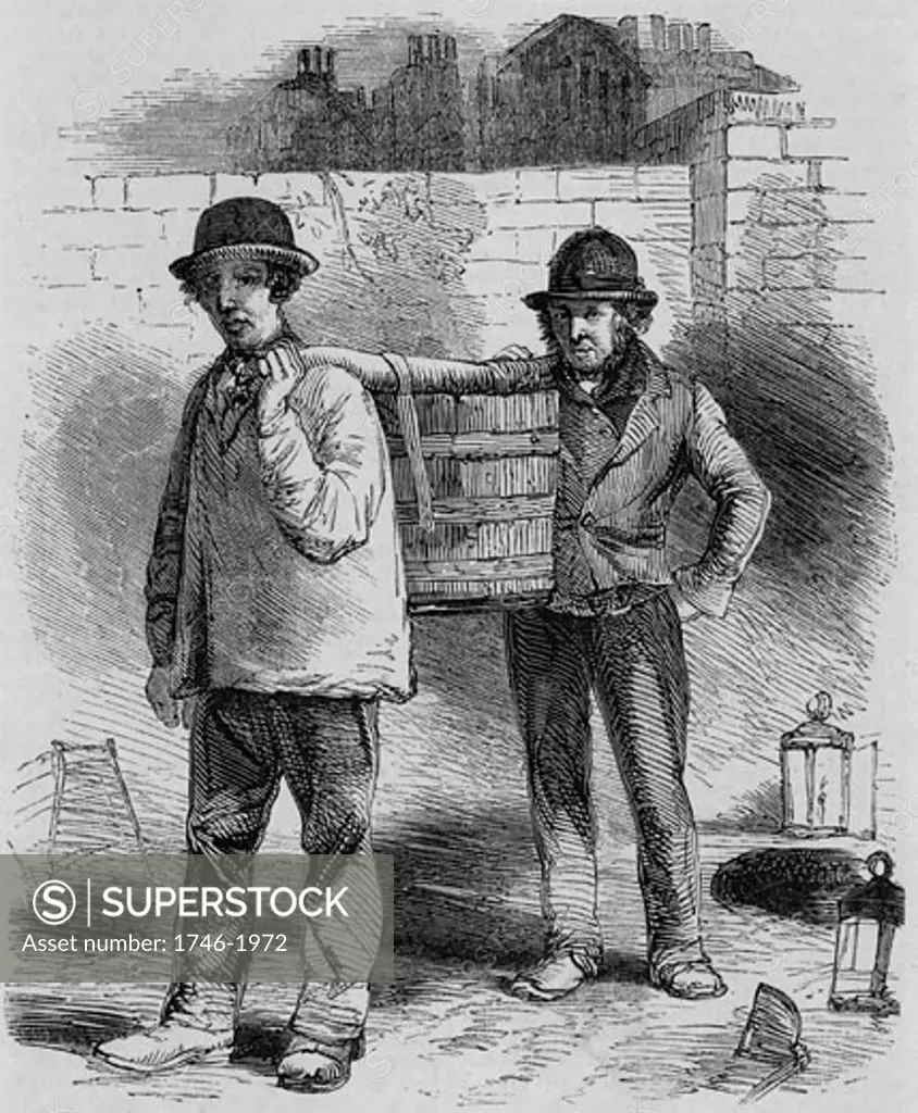 London Nightmen. These men who are carrying the contents of a cess pool in a wooden tub, carried out their smelly, dirty job at night. Their candle lanterns are on the ground. The tub would be carried out into the street and its contents tipped into a horse-drawn tanker. The tanker would then be tak