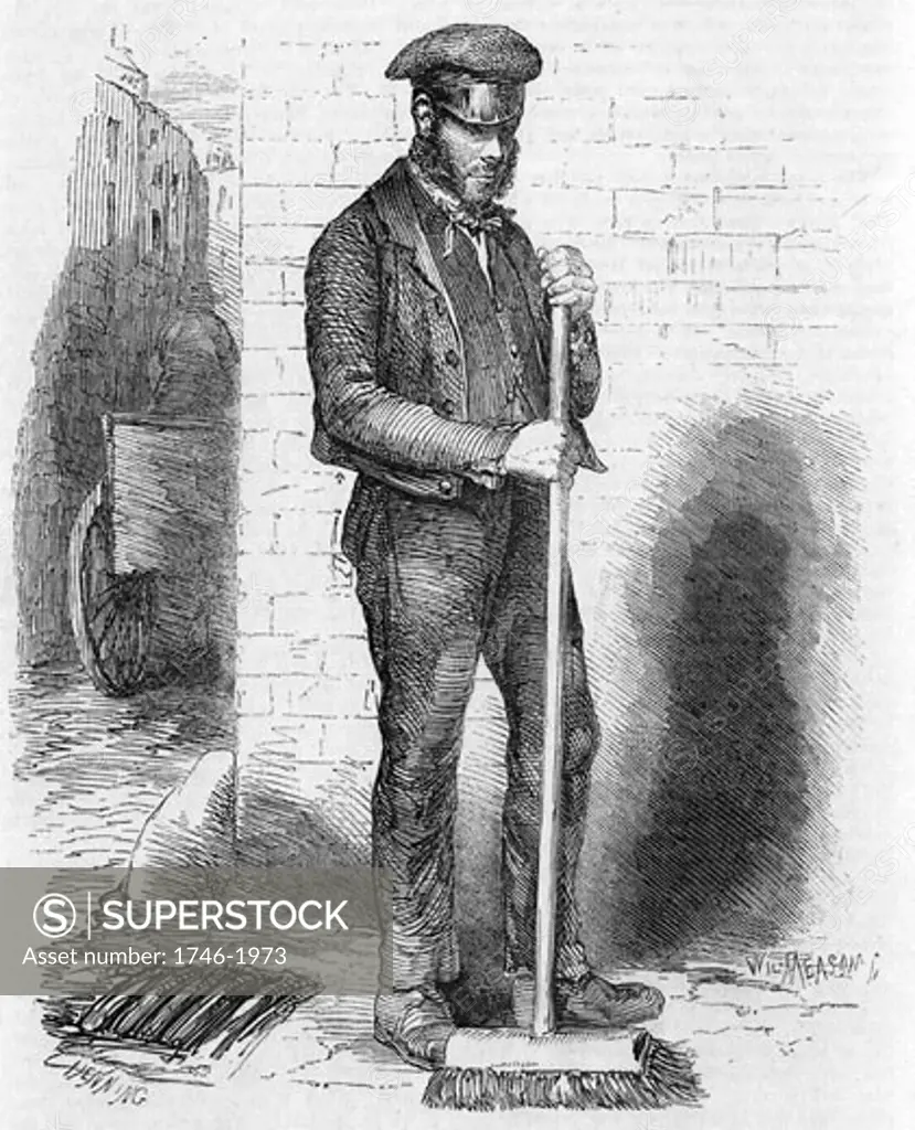 The Able-Bodied Pauper Street-Sweeper. Pauper's were employed as street sweepers in London in return for support by the Parish. Engraving from London Labour and the London Poor by Henry Mayhew (London, 1861).