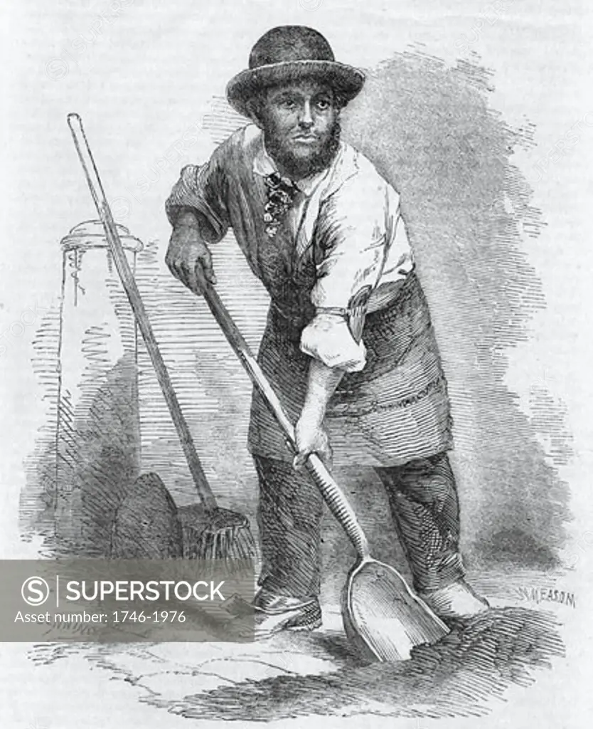The London Scavenger. This man would sweep and clean streets, market places and pavements, picking up anything useful or valuable. Engraving from London Labour and the London Poor by Henry Mayhew (London, 1861).