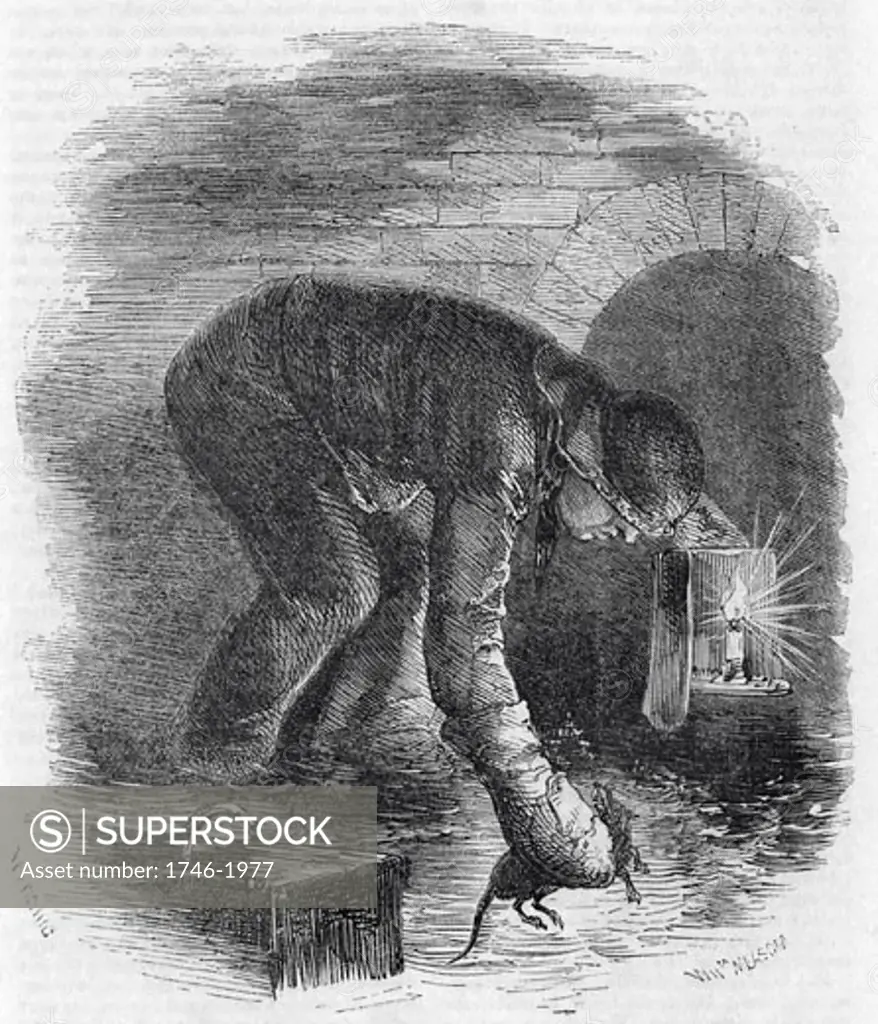 The Rat-Catchers of the Sewers. Rat catchers were vital to keeping down the rat population in the London sewers. The rat catcher is using a candle with a simple wind shield to give him enough light to carry out his work. Engraving from London Labour and the London Poor by Henry Mayhew (London, 1861)
