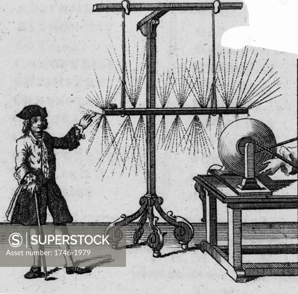 Experiment with static electricity by Jean-Antoine Nollet (1700-1770) French physicist and cleric. An iron bar is suspended by silk cords about 6mm above the charged globe of an electrostatic machine. The man places his finger the same distance from the bar and draws off a discharge visible in daytl