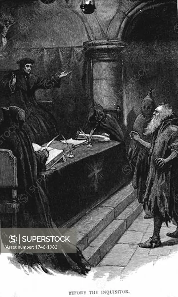 Spanish Inquisition (late 15th century). Spanish Jew before Grand Inquisitor. Illustration by Paul Hardy  for "The Saving of Karl Reichenberg", story by Arthur Page, London 1891. 'Saving'  meant dying and saving the soul for god. Wood engraving   