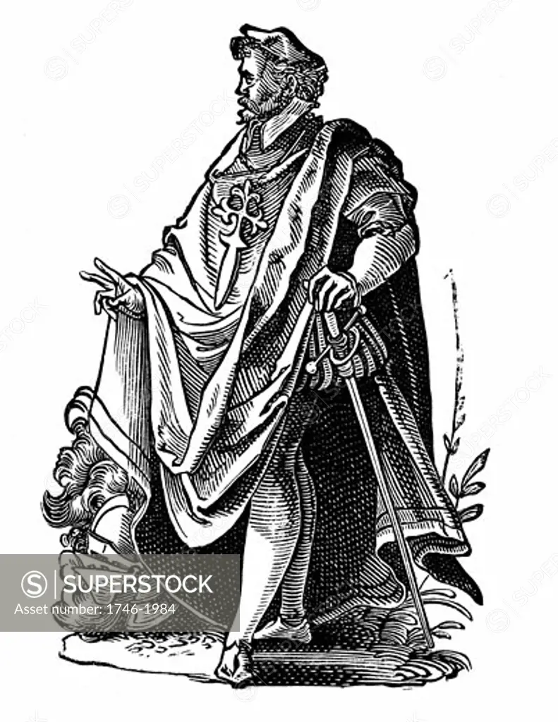 Knight Templar in travelling dress. Poor Knights of Christ and of the Temple of Solomon, founded c1119 to protect pilgrims from marauding Muslims. 16th Century Jost Amman (1539-1591 Swiss) Woodcut