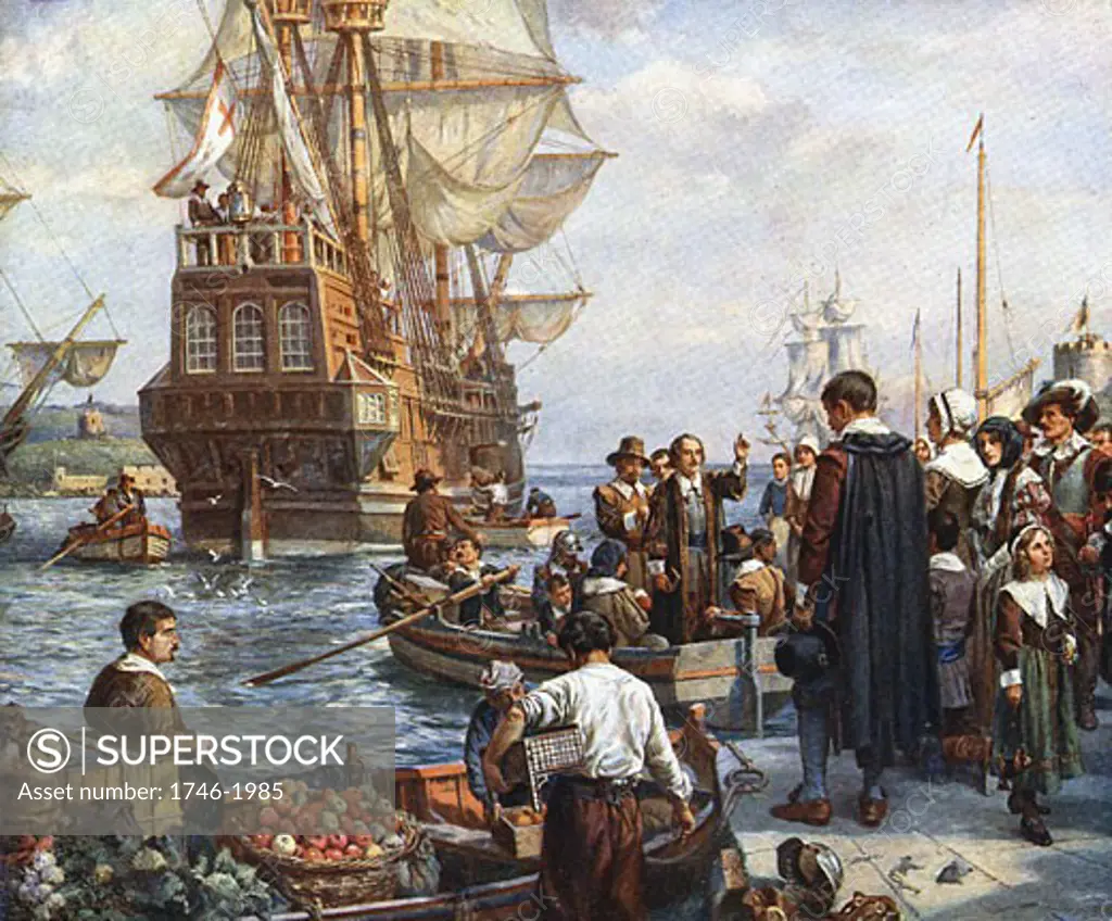The Pilgrim Fathers boarding the 'Mayflower' for their voyage to America.  After painting by Bernard Gribble.