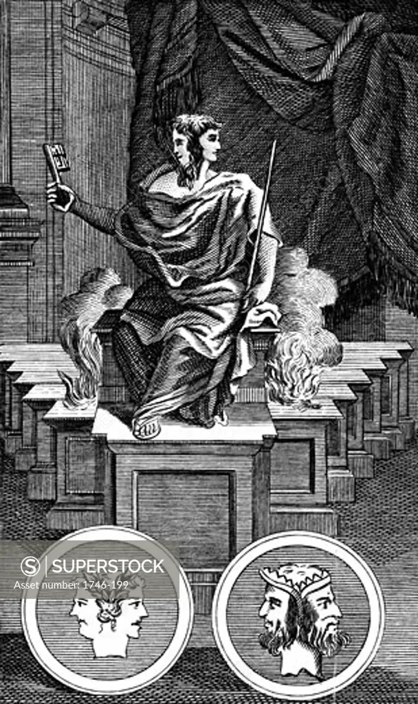 Janus, Two-faced Roman god, keeper of the gate of heaven, 1798, Copperplate engraving