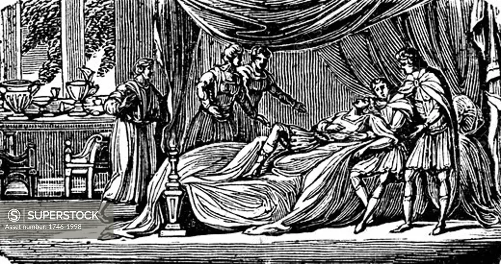 Alexander the Great (Alexander III of Macedon) 356-323 BC. Alexander on his deathbed. Woodcut from young person's book New York 1830