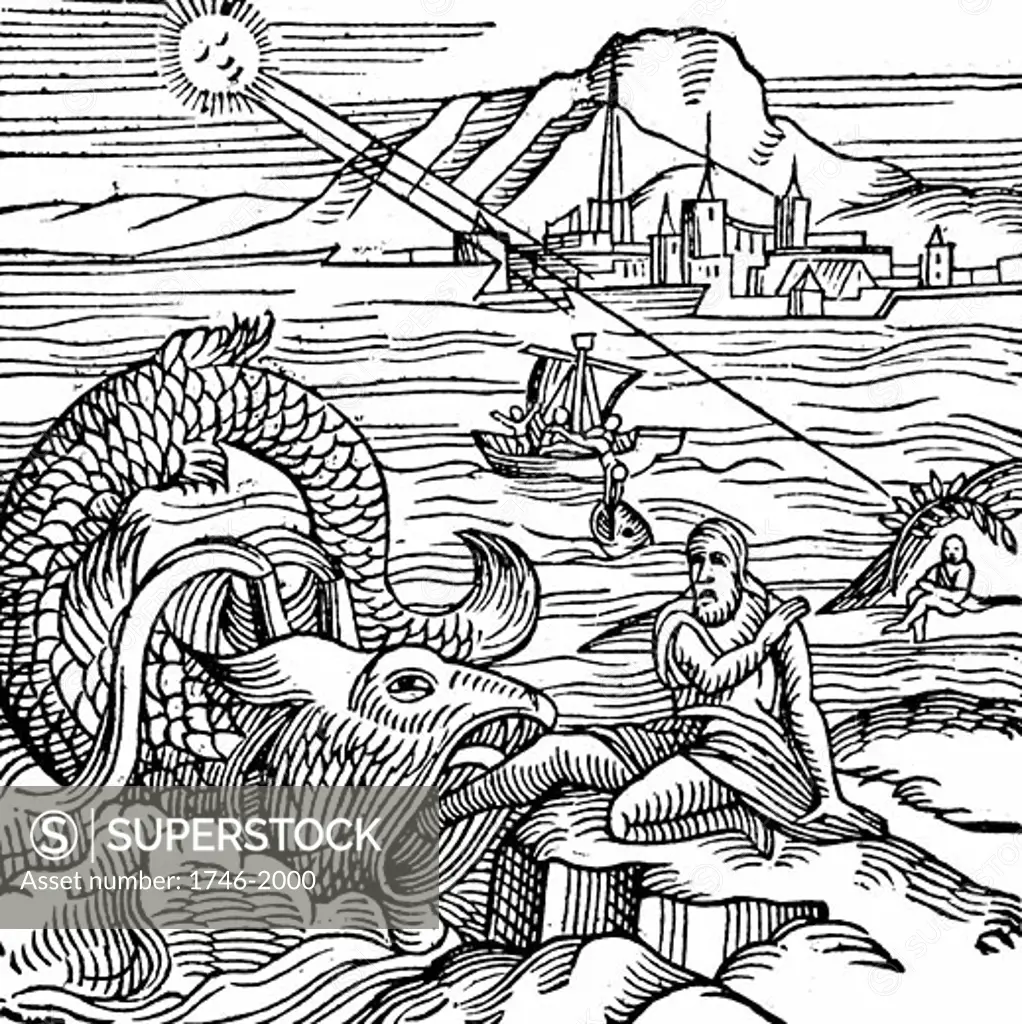 Jonah being spewed up by the whale. In middle of picture he is shown falling overboard and being swallowed. From Conrad Lycosthenes "Prodigiorum ac ostentorum chronicon" Basel 1557. Woodcut