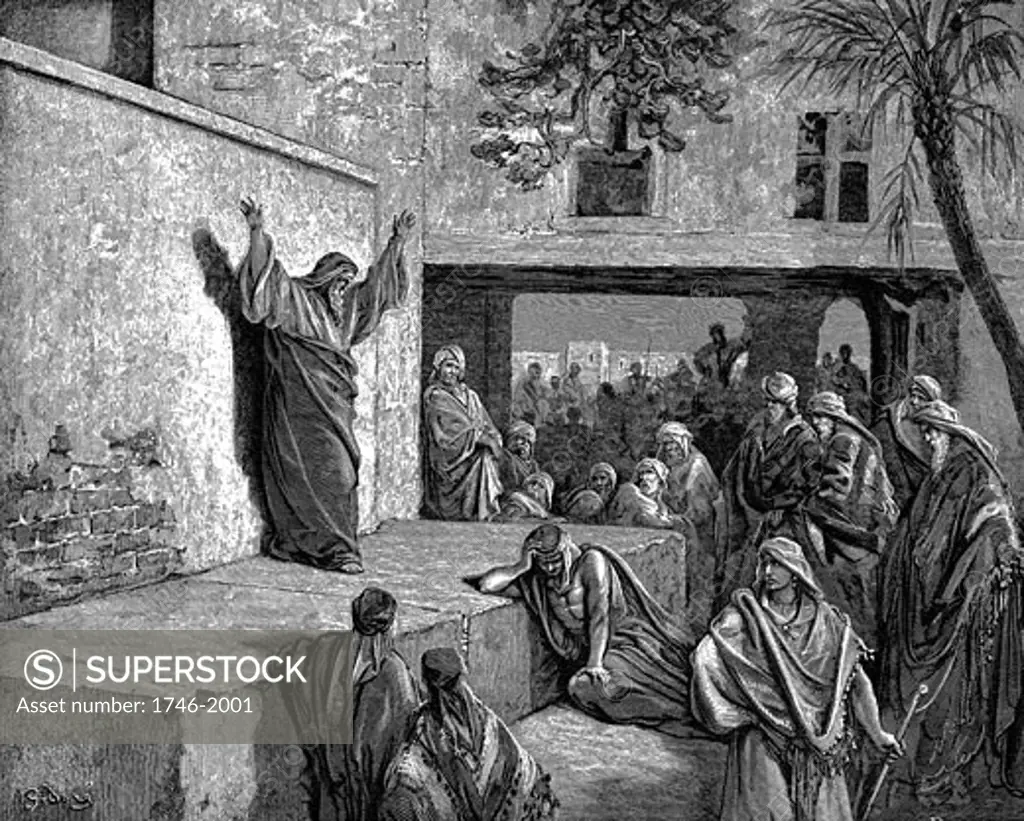 Micah the Moreshtite prophet telling the Israelites "For, behold, the Lord cometh forth ... and will come down, and tread upon the high places of the earth." Bible" Micah I:3. Illustration by Gustave Dore 1865-1866. Wood engraving