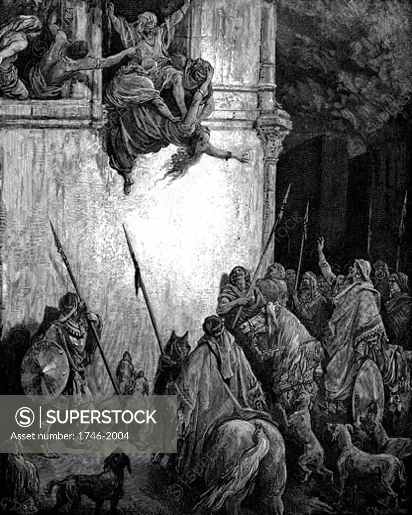 Jezebel, Phoenician princess and wife of King Ahab of Israel is thrown out of the window on orders of Jehu and her body is eaten by dogs. 2 Kings 9.33. From Gustave Dore illustrated "Bible" 1866 Wood engraving 