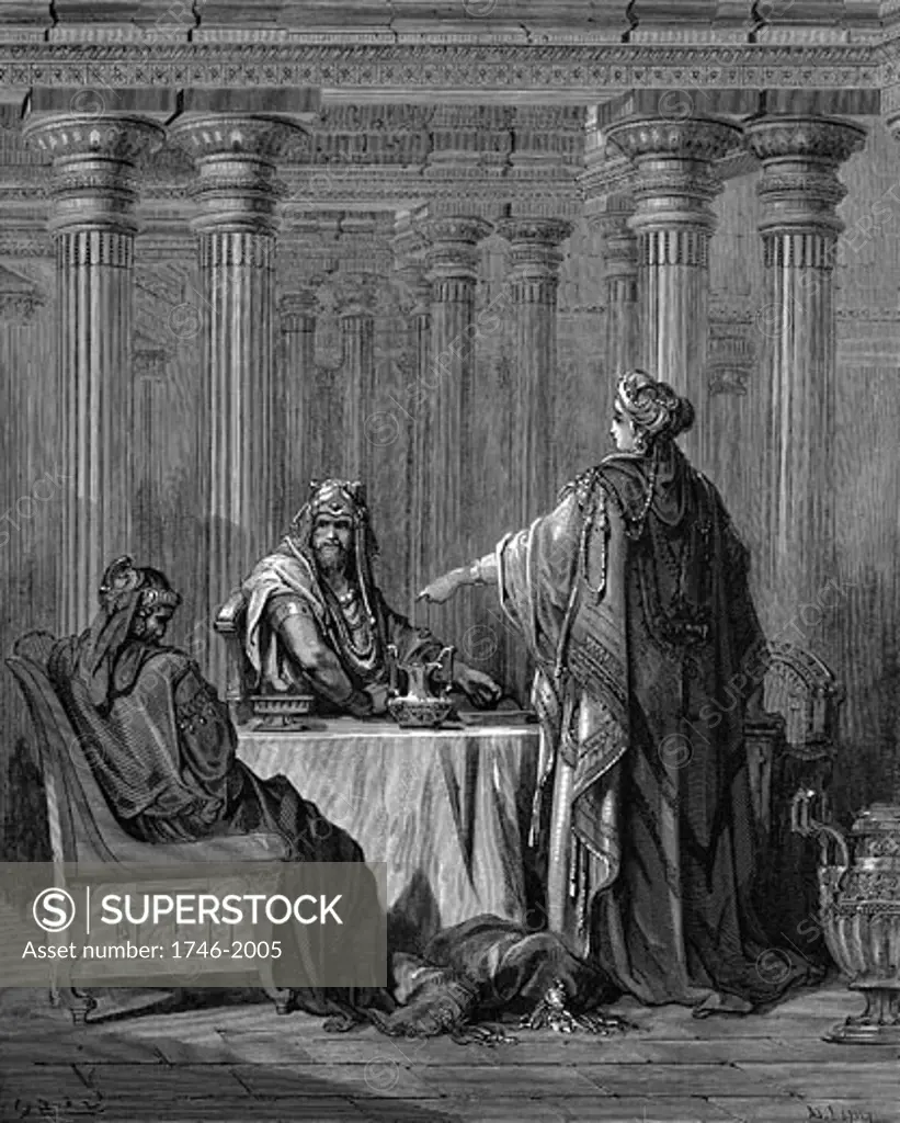 Esther (c450 BC) before her husband King Ahasuerus (Xerxes I) of Persia denouncing Haman as the enemy who would have her and her people (Jews) killed: Esther 1-10. From Gustave Dore's illustrated "Bible" 1866. Wood engraving