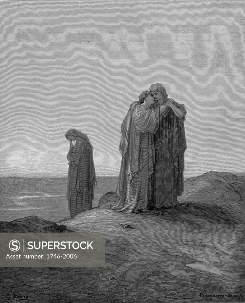 Ruth embracing her mother-in-law Naomi and promising to stay with her now they are bereaved. Ruth 1.14. From Gustave Dore's illustrated "Bible" 1866. Wood engraving