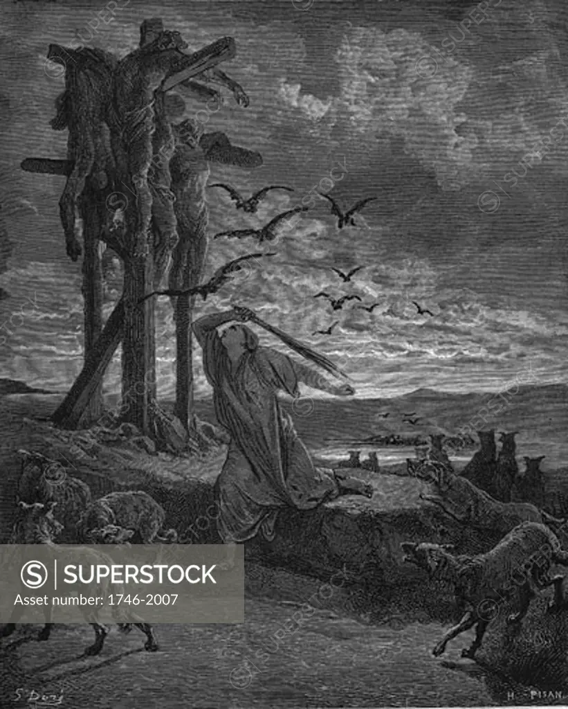Rizpah, king Saul's concubine, stopping the birds and beasts devouring the bodies of her sons and five others killed by the Gibeonites as a harvest sacrifice after famine. From Gustave Dore's illustrated "Bible" 1866. Wood engraving