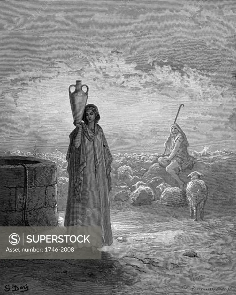 Jacob, keeping Laban's flocks, sees Rachel at the well. Genesis 29. From Gustave Dore's illustrated "Bible" 1866. Wood engraving
