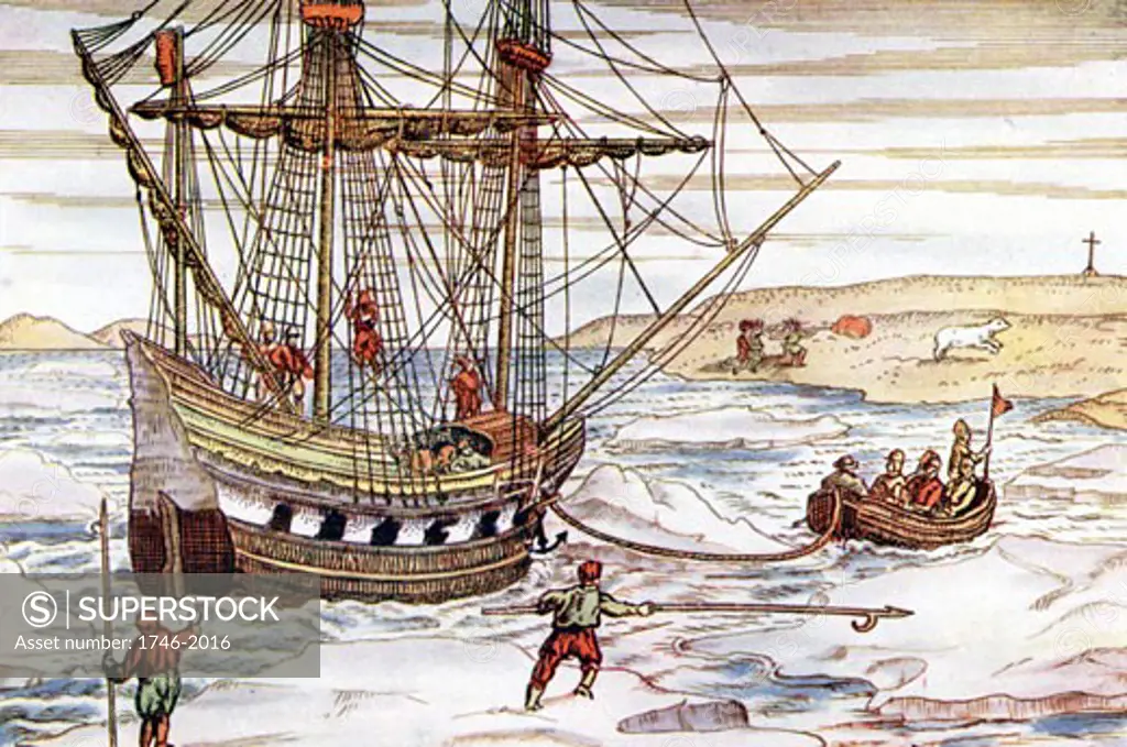 Willem Barents (d1597) Dutch navigator who led expeditions in search of Northeast Passage. Barents' ship among the Arctic ice. Illustration after Gerard de Veer's account of Barents' three voyages, published 1598