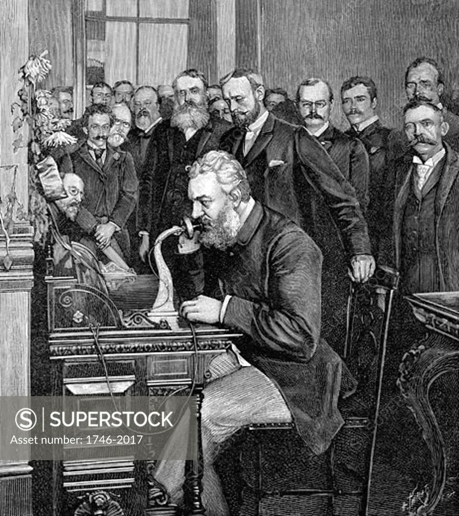 Alexander Graham Bell (1847-1922) Scottish-born American inventor; patented telephone 1876; Bell inaugurating 1520 km telephone link between New York and Chicago, 18 October 1892. Engraving published Paris 1892