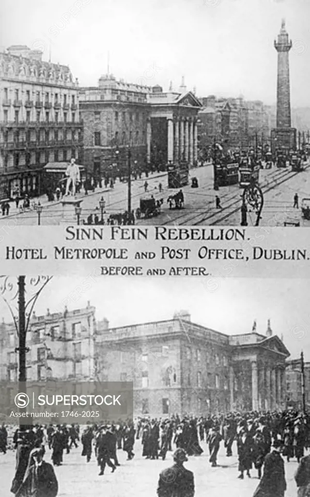 Anti-English Irish uprising, Dublin, May 1916: Hotel Metropole and the Post Office before and after being blown up by the rebels.   Half-tone. Black-and-white
