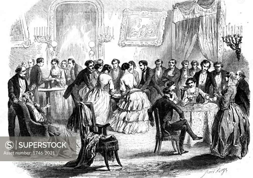 Spiritualist meeting in a Paris drawing room. Communicating with the 'other side' by means of  the hat, table-turning, and the pendulum. From L'Illustration (Paris 1853). Wood engraving.