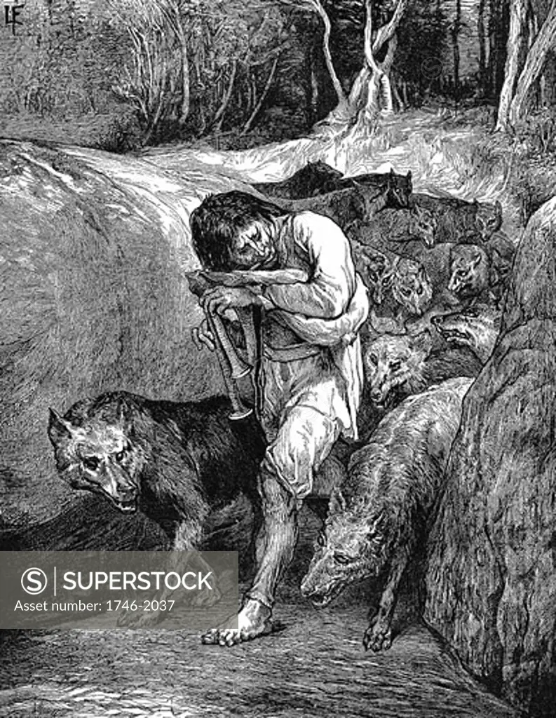 The Wolf-Charmer. Illustration by John La Farge published New York 1881. Belief in wolf charmers widespread in France in first half of 19th century and was last vestige of were-wolf legend