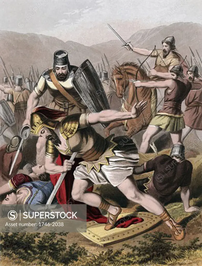Death of Saul and his armour bearer in battle with the Philistines. Rather than be captured, they fell on their swords. "Bible" I Chronicles. Chromolithograph by J.M. Kronheim & Co c1870 