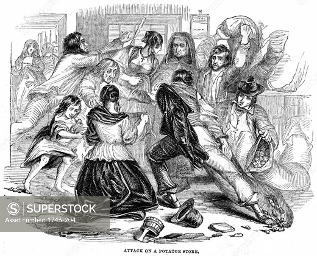 Irish Potato Famine: Government potato store being attacked by starving inhabitants of Galway, From The Illustrated London News, June 1842, Wood engraving