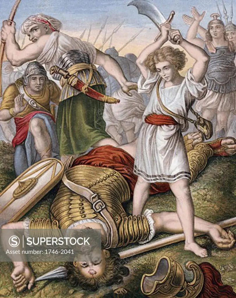 David, having killed the Philistine giant, Goliath, with stone from his sling, makes sure that Goliath is really dead. "Bible" 1 Samuel 17:I.  Goliath 6 cubits (approx 3m tall) Chromolithograph c1860