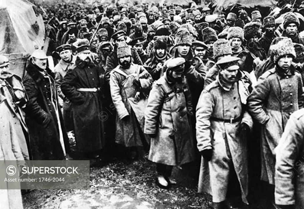 Russians taken prisoner by Germany on the Eastern front, World War I. Among them are many Cossacks in their distinctive fur hats