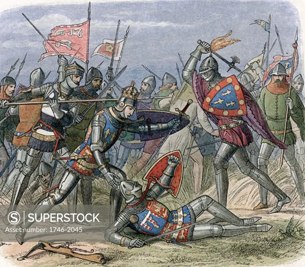 Hundred Years War between England and France (1337-1453) Battle of Crecy, August 1346. Edward III and his son Edward, the Black Prince, led 36,800 men to victory over Philip of France and his army of 130,000. Colour-printed wood engraving, 1864
