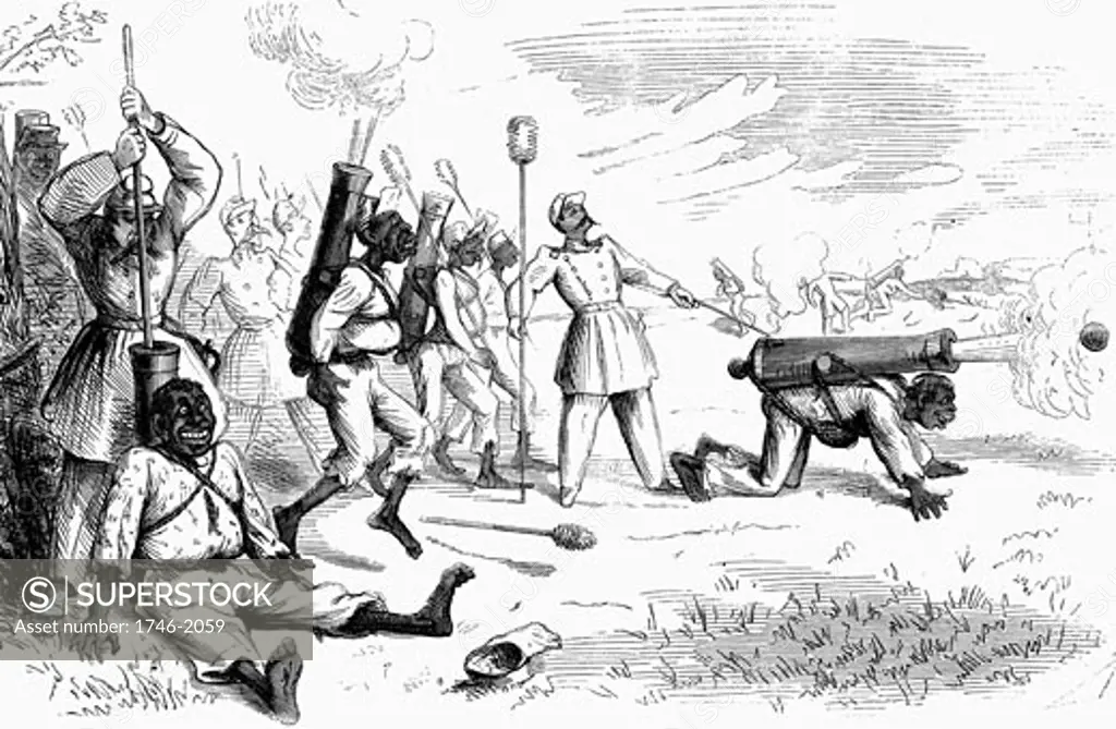 American Civil War 1861-1865: Cartoon from Frank Leslie's Illustrated Newspaper, New York, 1861, showing how 'contrabands' could be made useful. 'Contrabands' were Negro slaves who had escaped or been brought across Union (northern) lines. Wood engraving