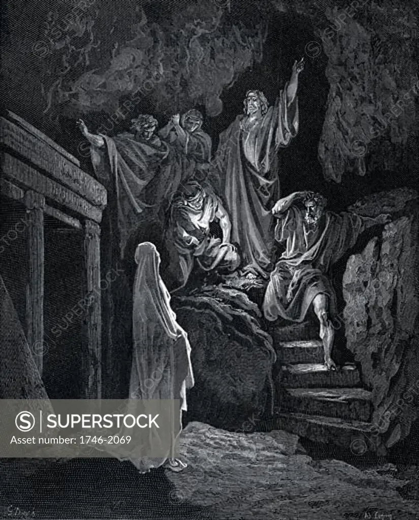 Jesus raising Lazarus from his tomb. John 2:43 From Gustave Dore illustrated "Bible" 1865-66. Wood engraving
