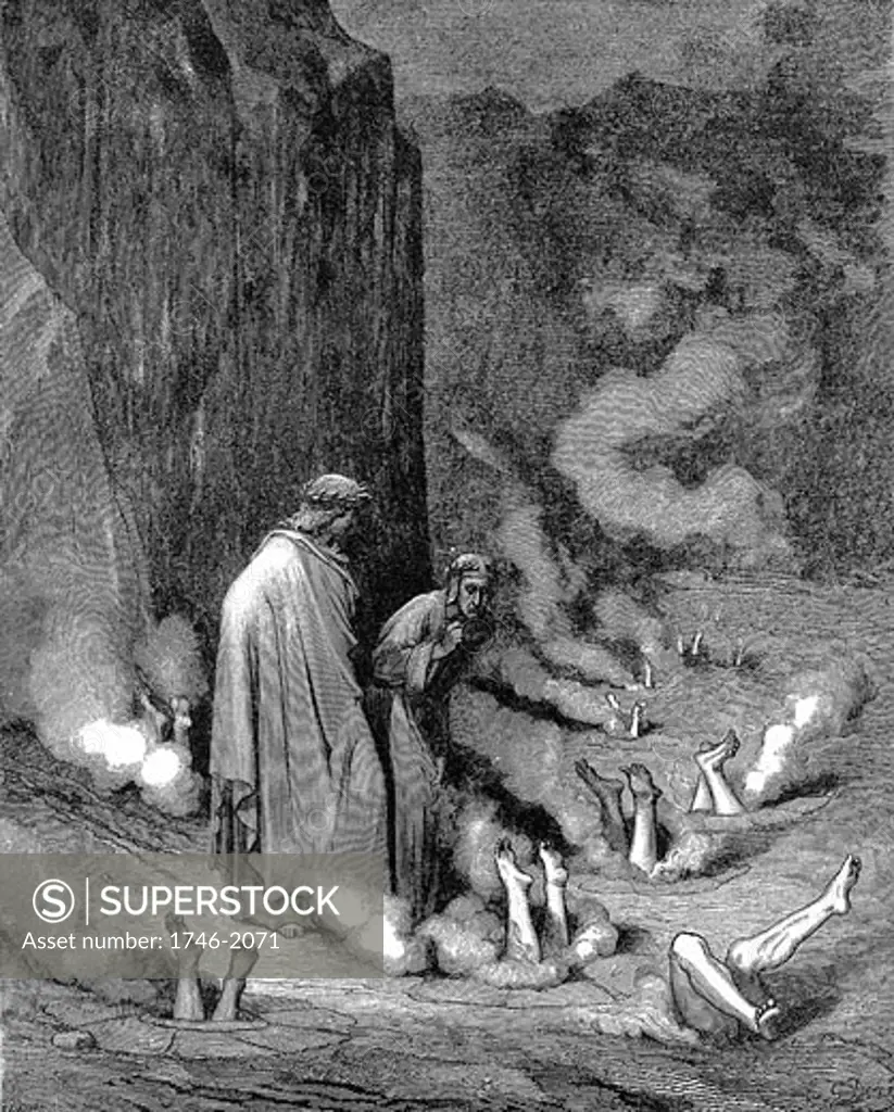 Dante, guided by Virgil, in third gulf of the eighth circle, observes those guilty of simony suffering burning, buried head first with just legs and feet exposed. Gustave Dore illustrated Dante Inferno 1863. Canto XIX