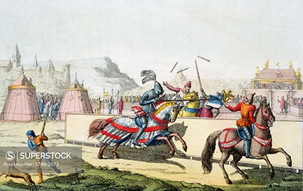 Armoured knights jousting at a tournament. The knight on far side has a shattered lance and is being unhorsed. 12th century. Engraving c1820