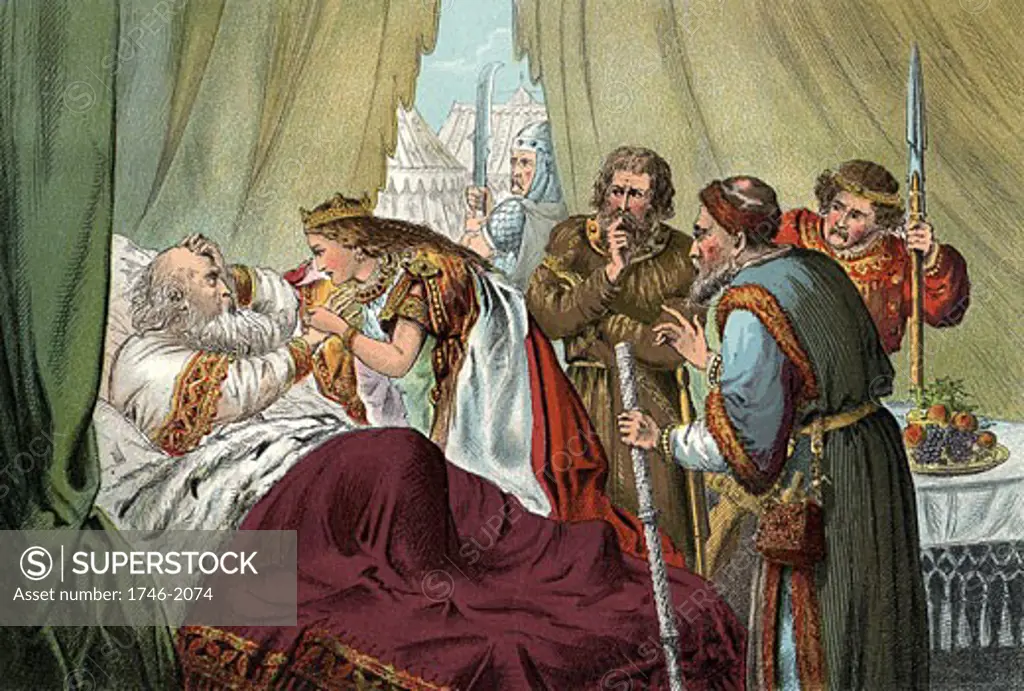 Shakespeare King Lear first performed c1605 Lear, betrayed by daughters Goneril and Regan and confused by rage, powerlessness and ill-treatment, comforted by youngest daughter, Cordelia. Act IV, Sc.VII . Chromolithograph c1858