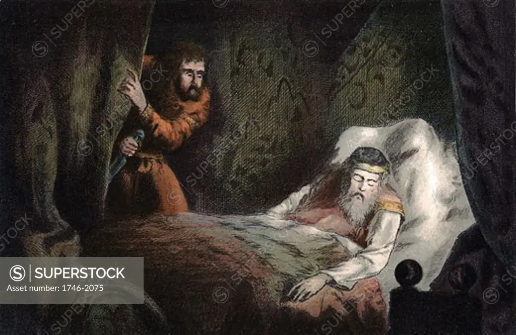 Shakespeare Macbeth first performed c1606. Macbeth about to murder the sleeping Duncan. Act 2 Sc.2. Chromolithograph c1858