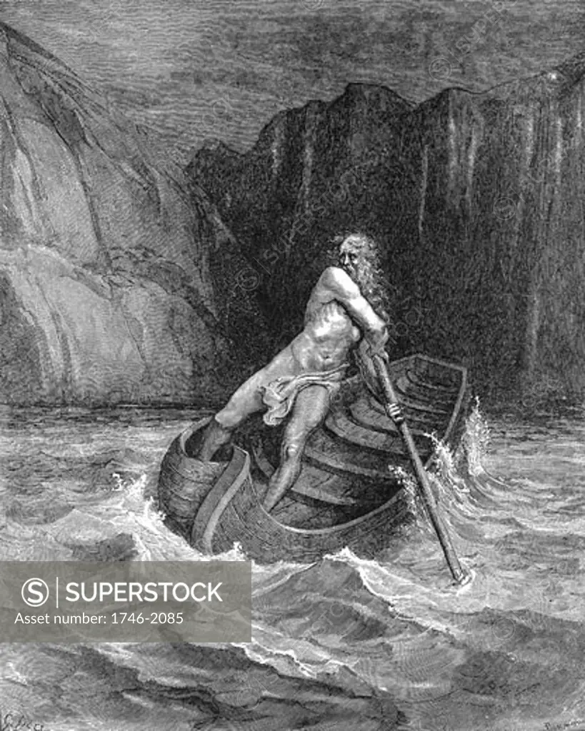 Charon the ferryman rowing to collect Dante and his guide, Virgil, to carry them across the Styx. Illustration by Gustave Dore for Dante Inferno, Canto III. Wood engraving 1861