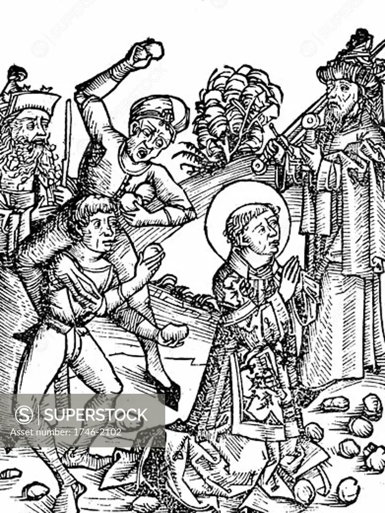 St. Stephen, first Christian martyr: Found guilty of blasphemy by the Sanhedrin, supreme council of the Jews, and stoned to death From "Liber Chronicarum Mundi" (Nuremberg Chronicle) by Hartmann Schedel 1493, Woodcut
