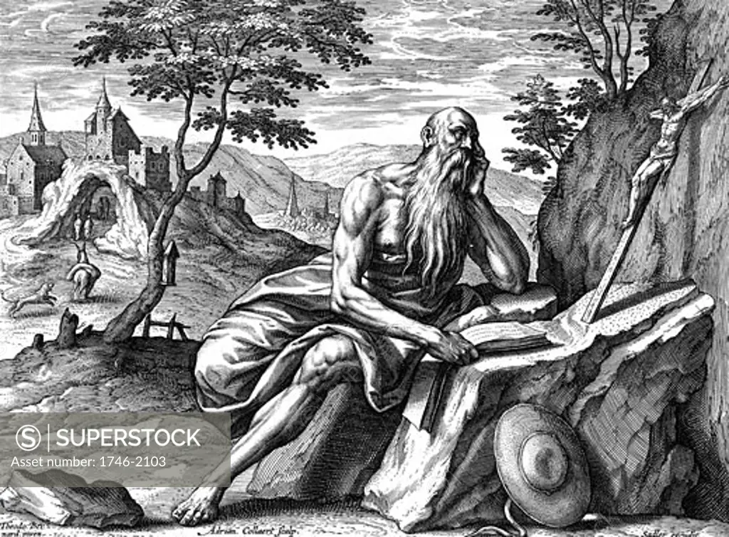 Saint Jerome (c342-420) Eusebius Sophronius Hieronymus: Leading father of the Christian church. Prepared first Latin translation of the Bible from Hebrew (Vulgate) Adrian Collaert (c1520-67) Engraving