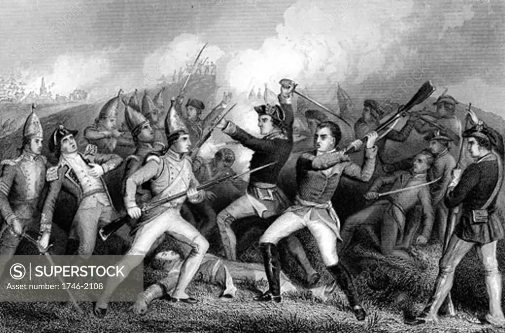 American War of Independence.  Battle of Bennington, 16 August 1777.  British defeated by colonials under General John Stark.  Engraving