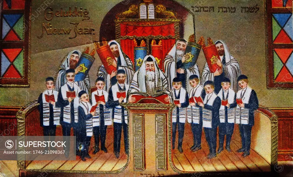 Dutch New Year Card showing men and boys in a synagogue as the Rabbi reads and the torah scrolls are taken out c 1930.