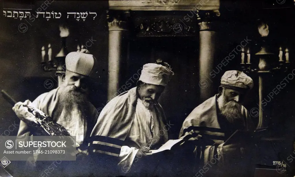 Dutch New Year Card c1910. The card shows three rabbi's in a synagogue, wearing traditional prayer shawls (tallit) c 1915.