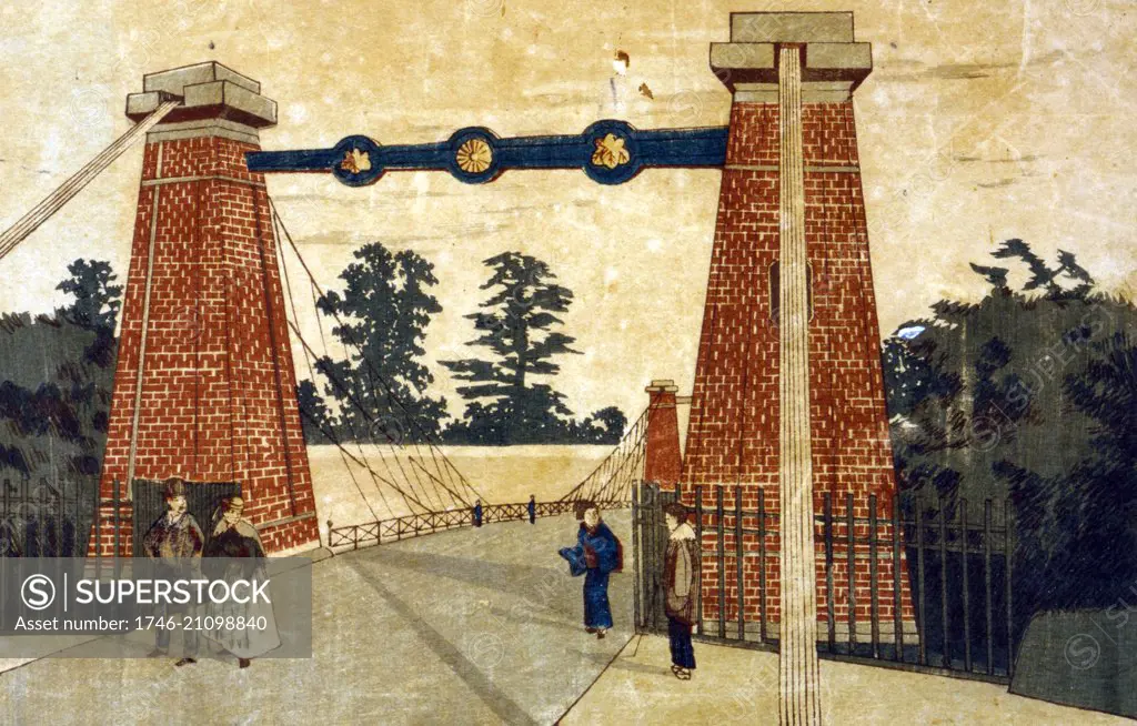 Japanese hand coloured woodcut. Image shows a Japanese street scene, in which people cross a traditional drawbridge that leads to the Imperial Palace. Dated c1870