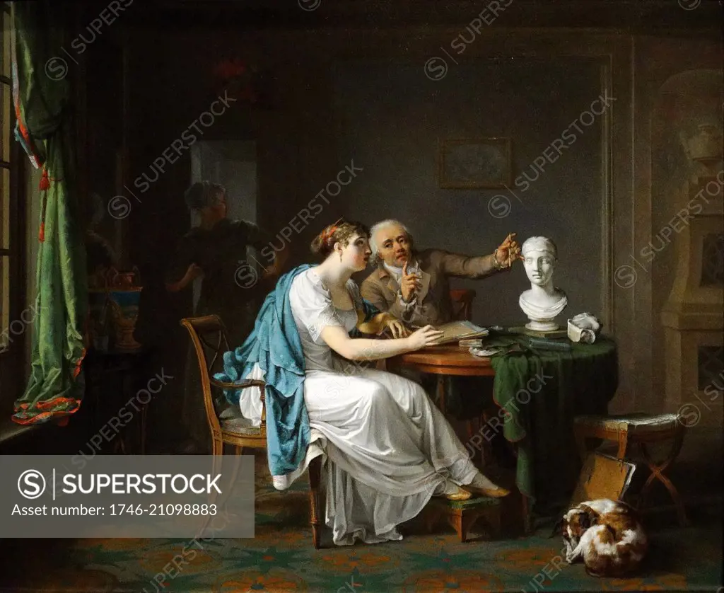 Painting titled 'The Drawing Lesson'. Painted by Louis Moritz (1773-1850). Dated 1808