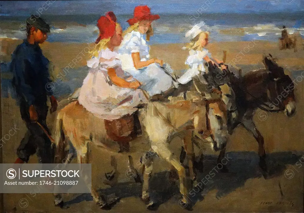 Painting titled 'Donkey Rides on the Beach'. Painted by Isaac Israels (1865-1934). Dated 20th Century