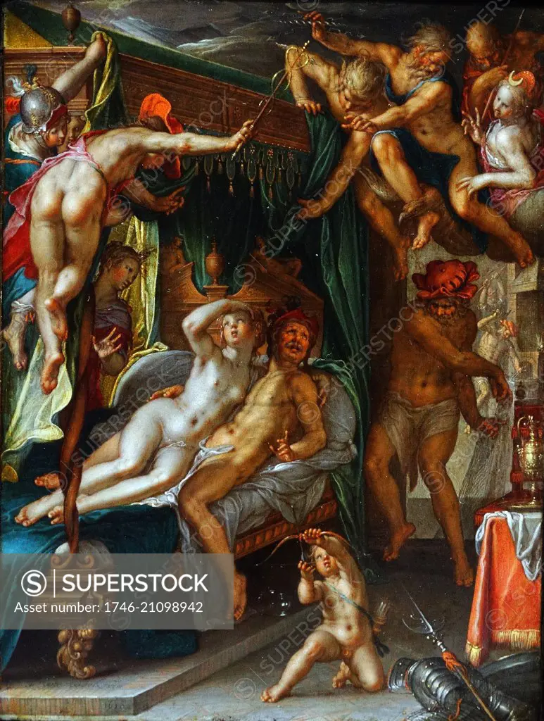 Painting titled 'Mars and Venus Surprised by Vulcan'. Painted by Joachim Anthonisz Wtewael (1566-1638). Dated 17th Century
