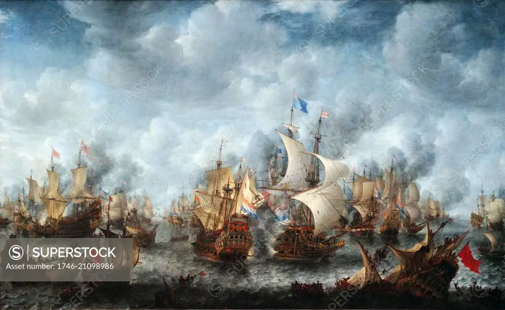 Painting depicting the Battle of Terheide. Painted by Jan Abrahamsz Beerstraten (1622-1666) Dutch painter of marine art and landscapes. Dated 17th Century