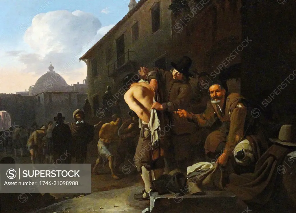 Painting titled 'Clothing of the Naked'. Painted by Michael Sweerts (1618-1664). Dated 17th Century