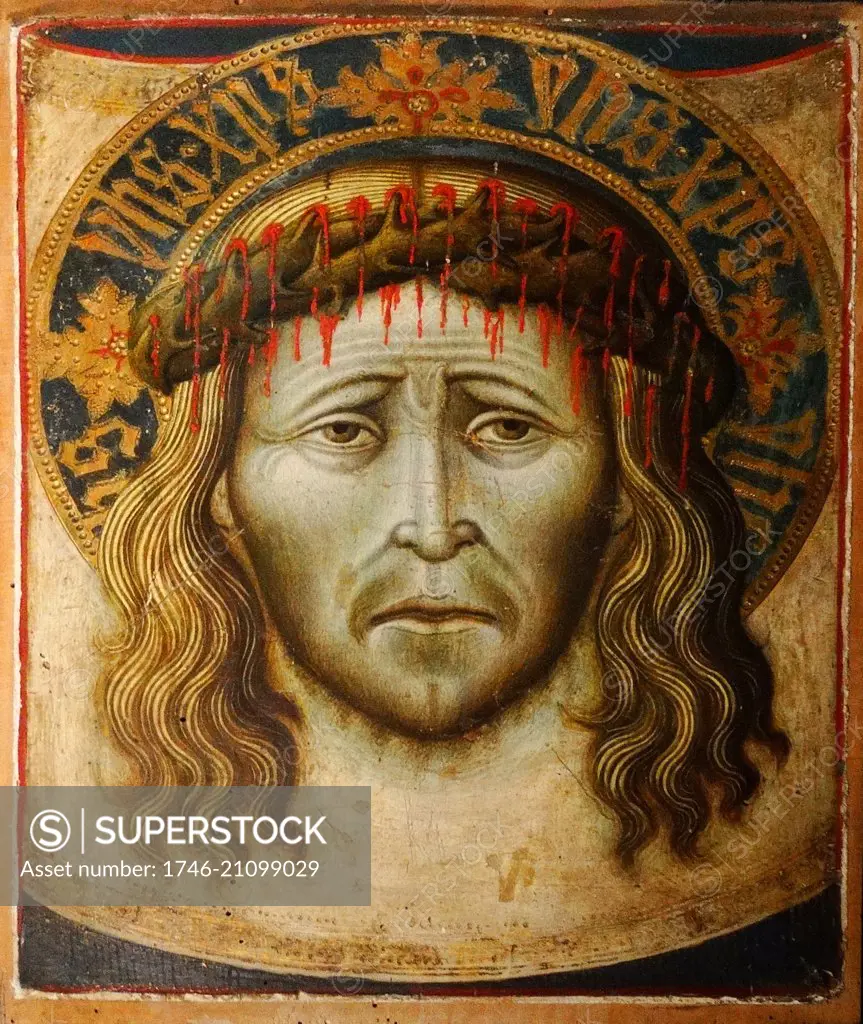The Sudarium of Saint Veronica and the 'true image' of Jesus Christ wearing a crown of thrones. Dated 15th Century