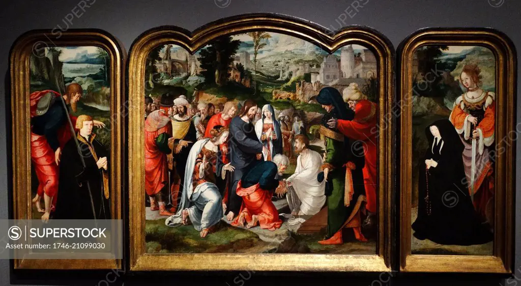 A triptych depicting the Raising of Lazarus. Commissioned to commemorate a married couple; depicted on the wings. Painted by Aertgen van Leyden (1498-1564). Dated 16th Century