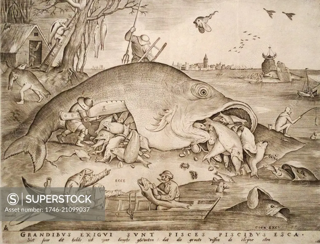 Engraving depicting a big fish swallowing a small fish. By Pieter van der Heyden (1530-1572). Dated 16th Century