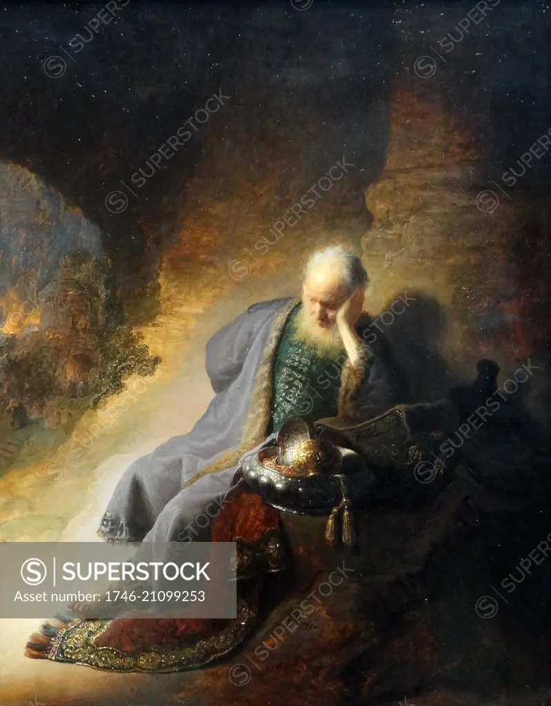 Painting of Jeremiah Lamenting the Destruction of Jerusalem. Painted by Rembrandt Harmensz van Rijn (1606-1669) Dutch painter and etcher. Dated 17th Century
